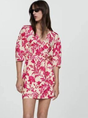 NWT Mango Floral Wrap Mini Dress | Size 6‎ | Pink & Cream | Belted